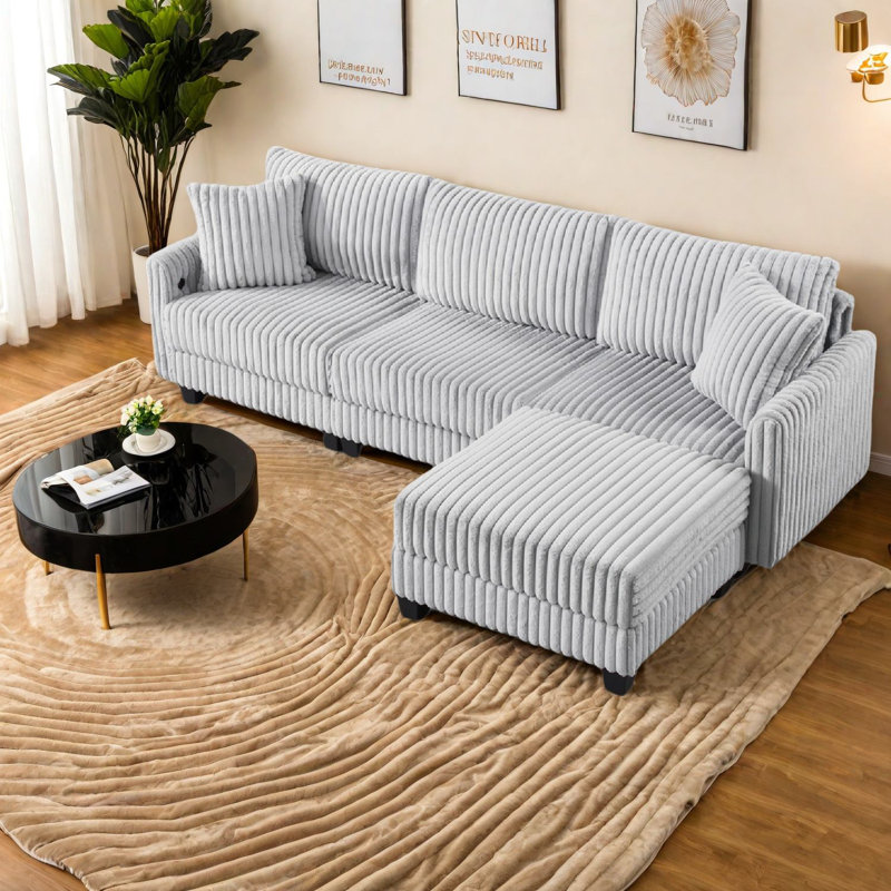 Canapés modulaires en velours côtelé de qualité supérieure en acrylique gris de 100 pouces en forme de L, deux ports de charge