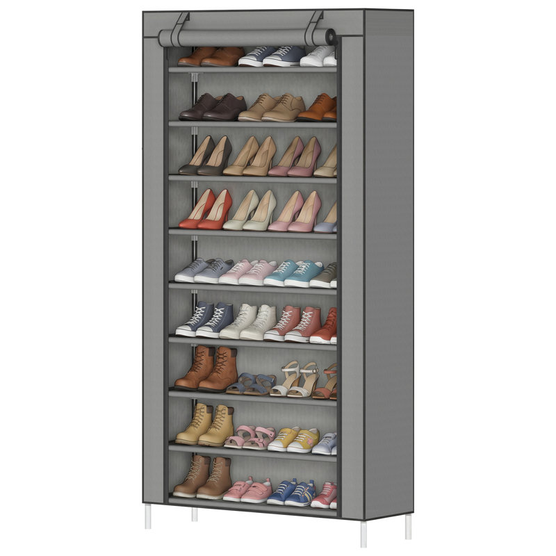 9-Tier Shoe Rack with Dustproof Cover, Freestanding Tall Storage Organizer – Gray