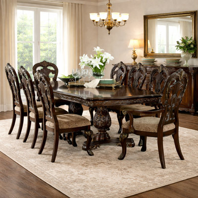 Ceja Traditional 9-Piece Extendable Dining Set with Cherry Finish, Gold Accents & Jacquard Upholstered Chairs – Seats 8