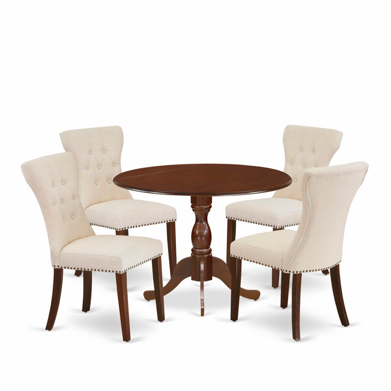 5 Piece Dining Set Includes a Round Dining Room Table with Dropleaf and 4 Light Beige Linen Fabric Upholstered Parson Chairs, 42x42 Inch, Mahogany