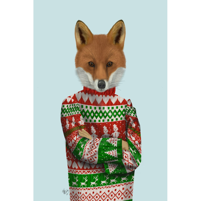 Fox In Christmas Sweater by Fab Funky - Wrapped Canvas Print, 122cm H x 81cm W
