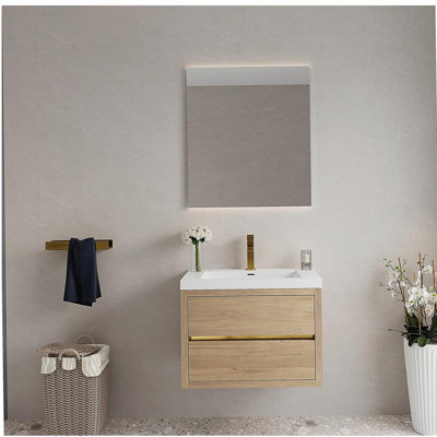 Meuble-lavabo mural avec lavabo, armoire de rangement flottante avec comptoir en résine de pierre et tiroirs à fermeture en douceur