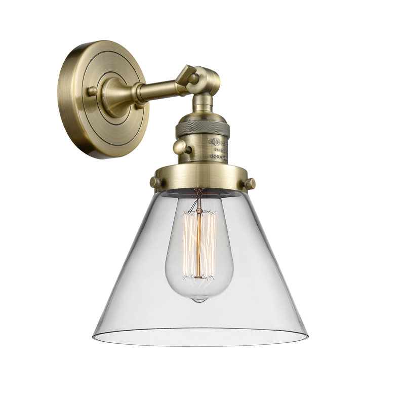 Applique murale 1 lumière Cone, Ampoule incandescente rétro 60 watts, Clair, Laiton antique