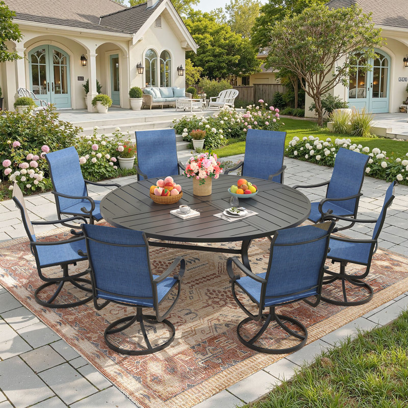 Ensemble de salle à manger d'extérieur 9 pièces pour terrasse avec fauteuil pivotant 9 pièces, Noir / Bleu