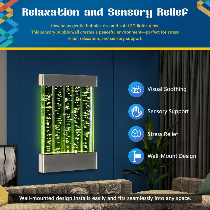 LED Sensory Bubble Wall Water Panel – 24"x16" Stainless Steel Wall-Mounted Panel with Floating Fish, Color-Changing Lights, Remote & APP Control for Sensory Rooms & Therapy Spaces