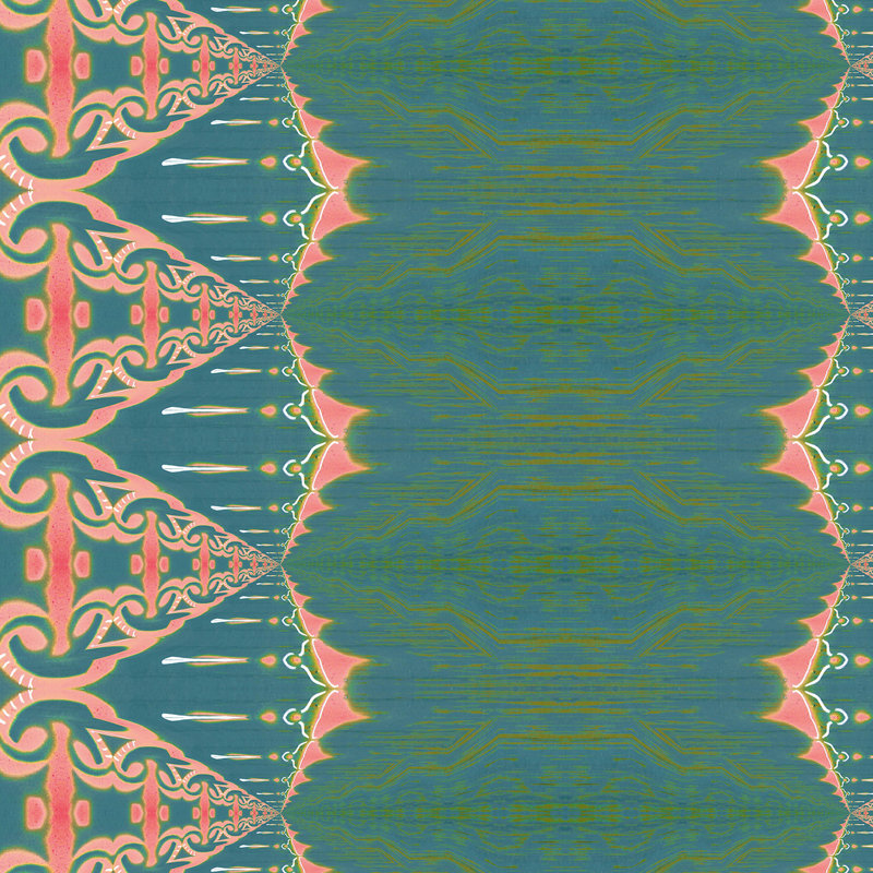 Elizabeth | Papier peint orné à rayures , Bleu sarcelle / bleu / vert / rose / orange