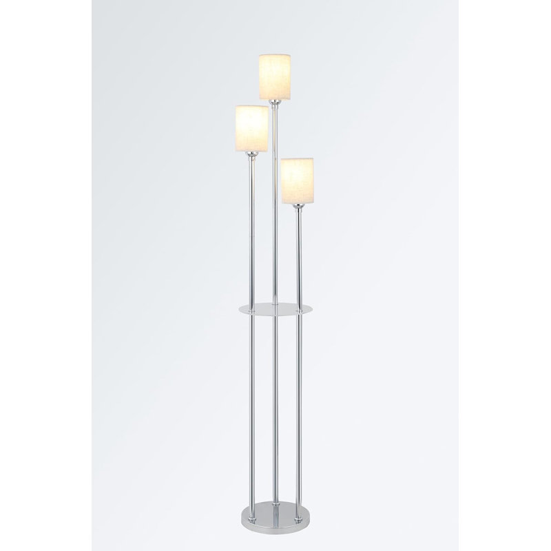 Modern 3-Light Floor Lamp With Shelves, Chrome Standing Lamp Fabric Shade & Foot Switch For Living Room Bedroom Office