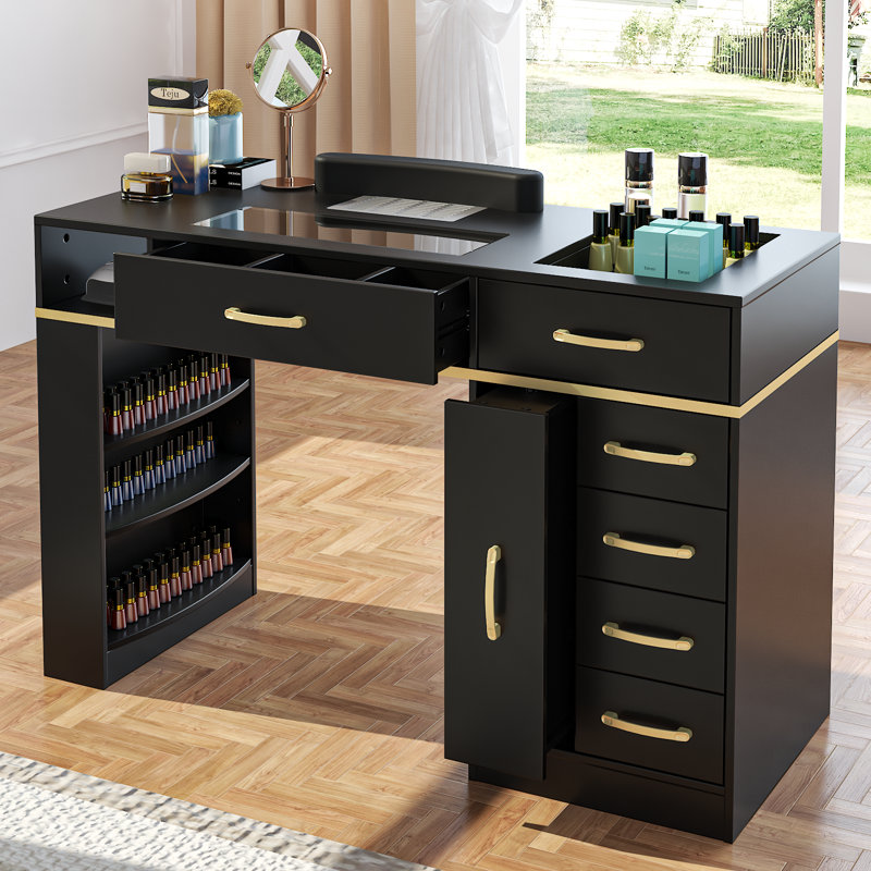 Table de manucure professionnelle avec collecteur de poussière, présentoir en verre et espace de travail spacieux
