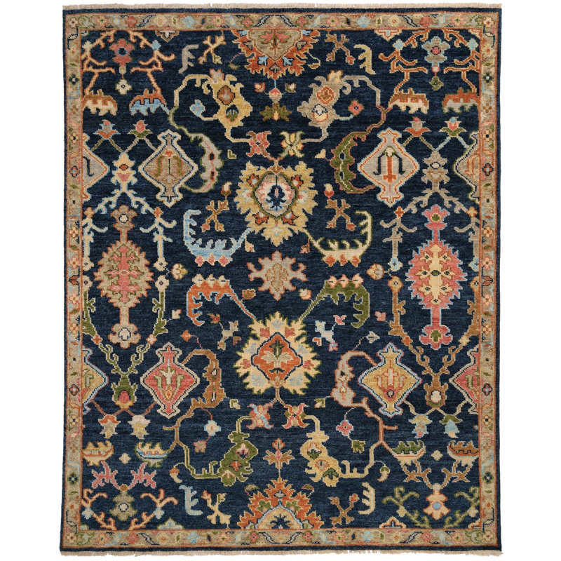 Charleigh-Palmette Hand Knotted Wool Oriental Area Rug in Blue, Rectangle 9' x 12'