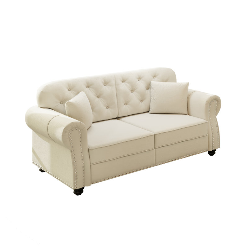Mid-Century Modern Velvet Sofa with Rolled Arms & Nailhead Trim - Chesterfield Loveseat for Living Room, Cream