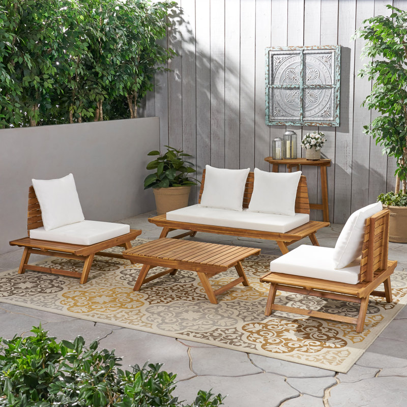 Aticus Acacia 4 - Person Patio Conversation Set with Cushions, Teak Frame/White Cushion