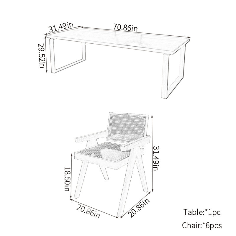 Ensembles de table de salle à manger en bois de frêne, H 29,52 po x L 70,86 po x l 31,49 po