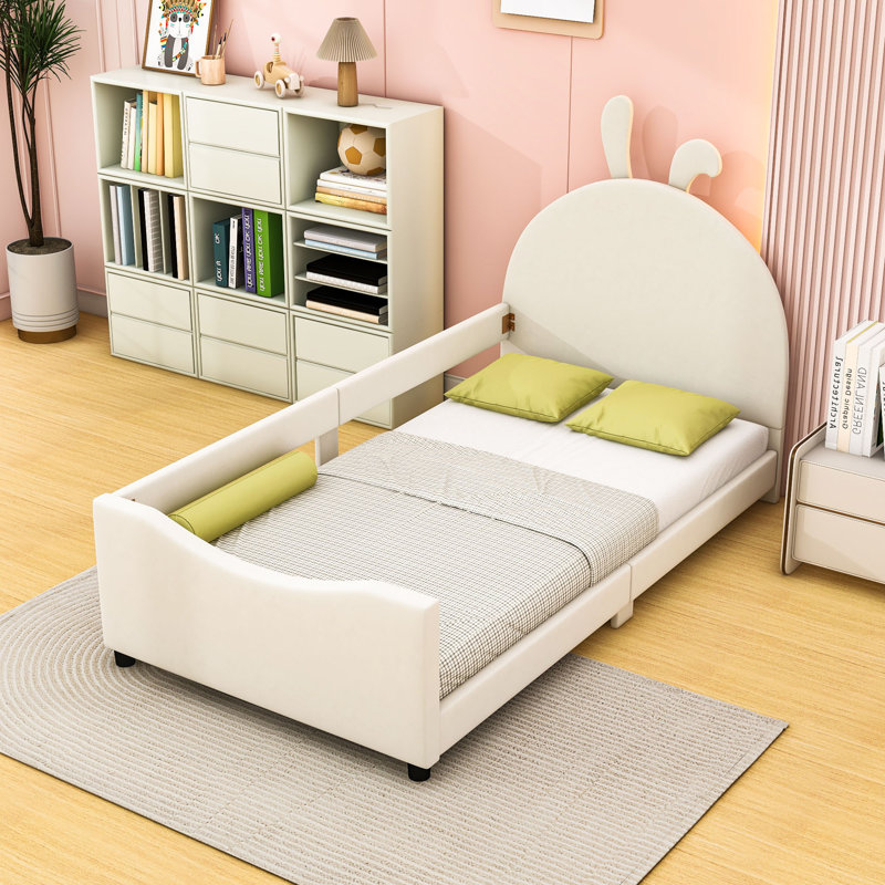 Twin Upholstered Platform Bed with Headboard, Beige