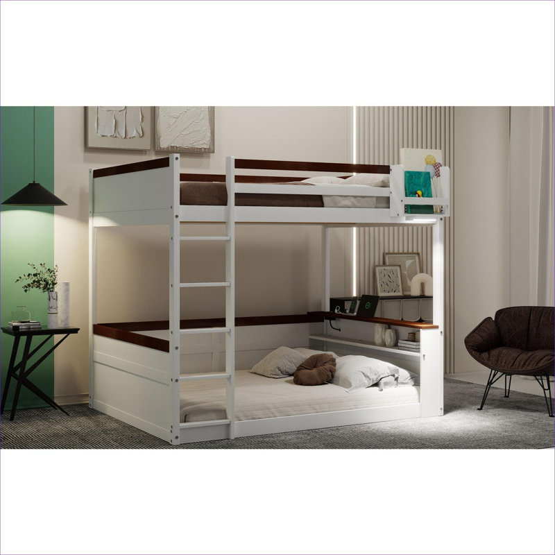 Lit superposé axé sur le rangement pour la chambre à coucher, grand lit à finition blanche en bois massif avec tablettes intégrées, charge USB et lumière DEL