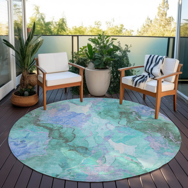 Machine Washable Indoor/Outdoor Xhevrie Teal Rug, Round 8'
