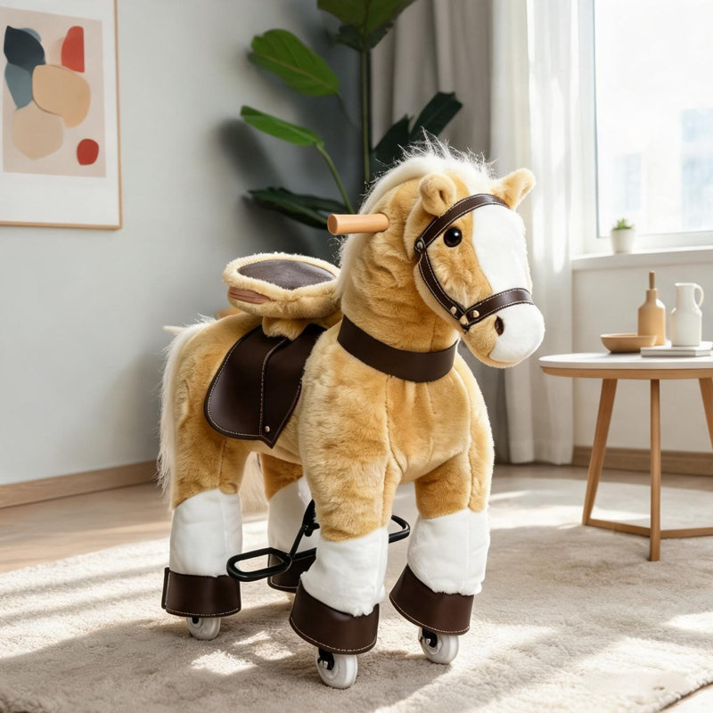 Jouet à cheval à pédale pour tout-petits, corps en peluche brun avec structure en métal, fauteuil d'intérieur pour enfants de 3 à 8 ans