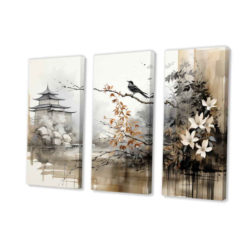 «Asian Art Sumi Bird Serenity I», ensemble d'art sur toile asiatique, H 28 po x l 36 po x P 1 po