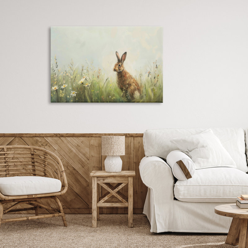 Lapin brun avec toile marguerites, design par LSR Design Studio, H 20 po x l 30 po