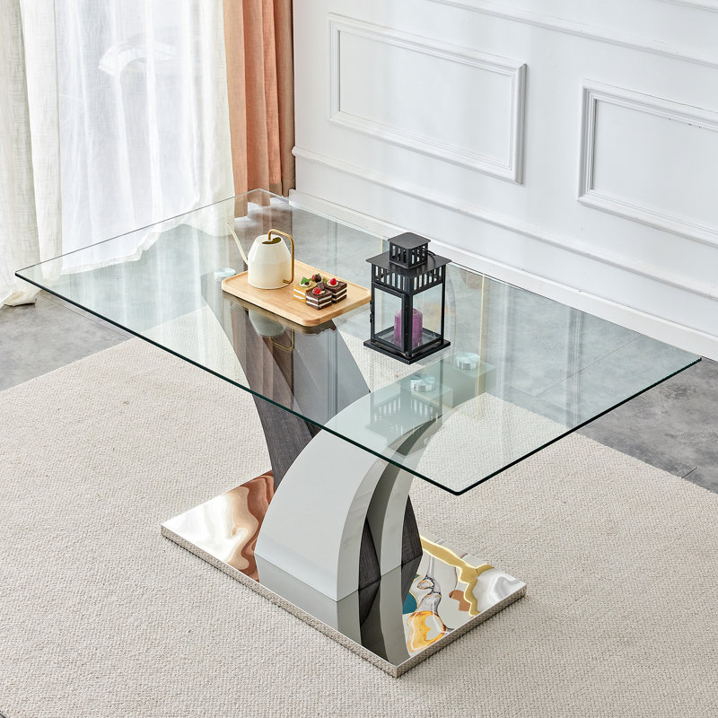 Hergen  63" Modern Rectangular Tempered Glass Dining Table with Pedestal Base