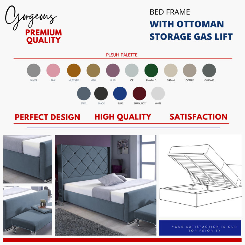 Upholstered Ottoman Storage Bed, Steel, Kingsize (5')