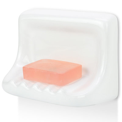 Shower Wall Soap Holder And Ceramic Soap Dish - For Any Tile Wall, With Drain Slope, Non-Slip, Classic White