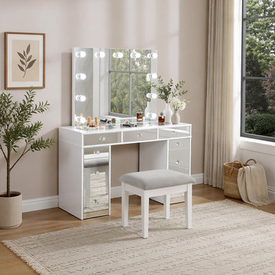 Makeup Vanity Table with Mirror and Stool