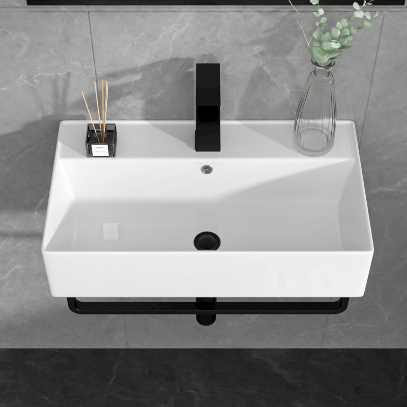21"L x 12"W Wall Mount Bathroom Sink Ceramic Rectangular Console Bathroom vessel Sink with Basin Faucet and Bracket Base