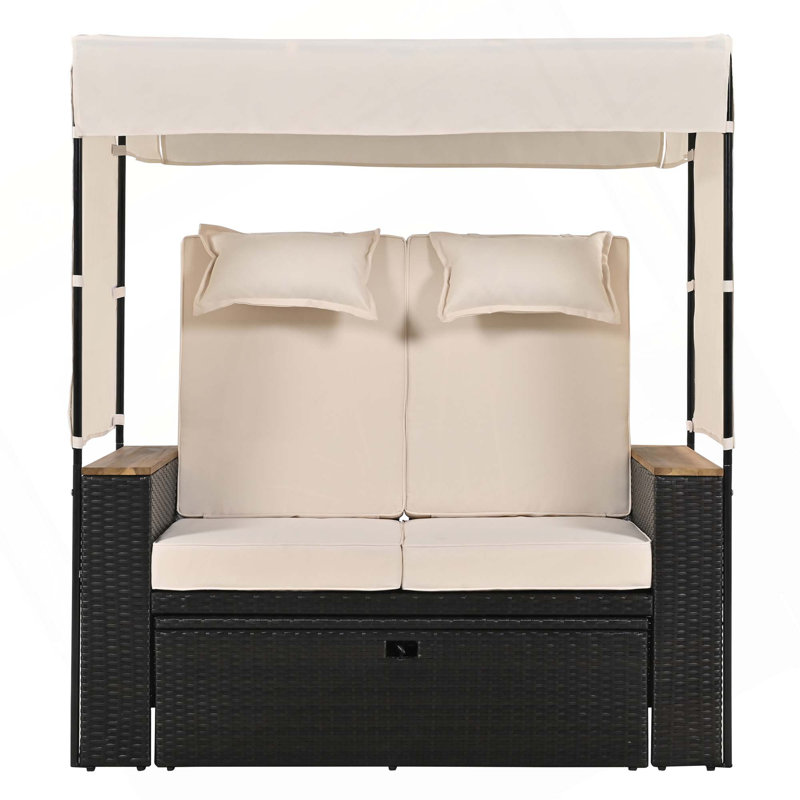 Lit de jour d'extérieur 2 pièces en rotin 5 positions avec banc et coussins, Beige, Brun
