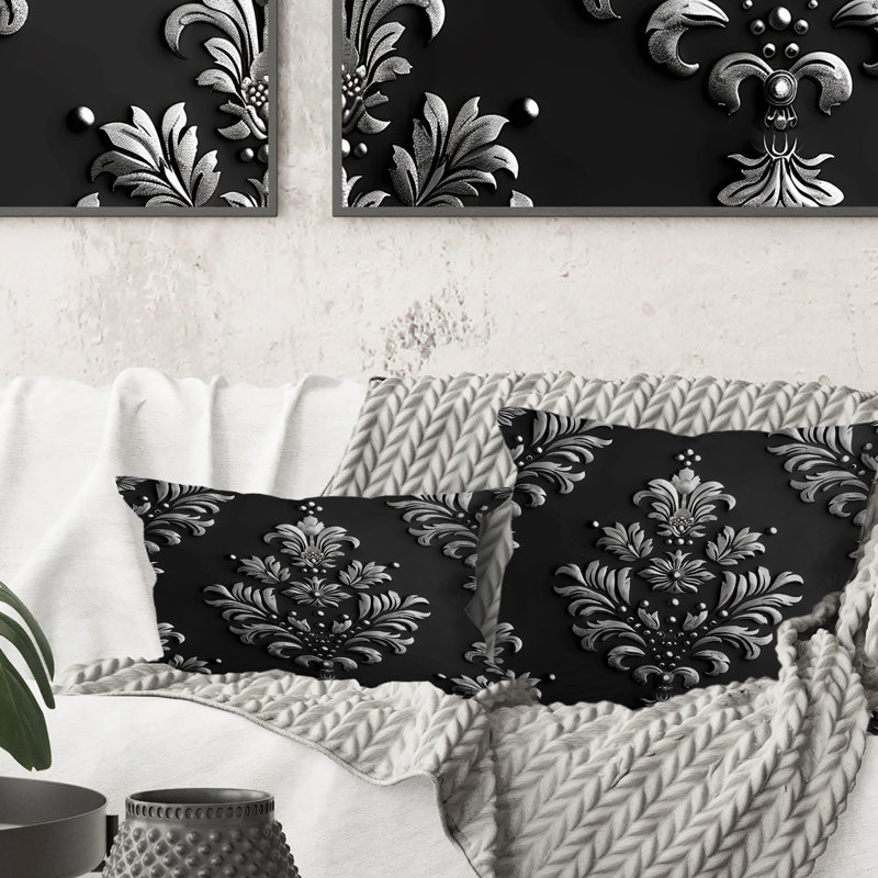 Coussin lombaire damassé noir, argent et glamour, H 16 po x l 16 po, Carrée