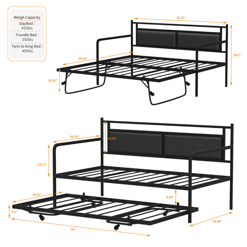Twin Daybed With Pop Up Trundle,Sofa Day Bed With LED Light And Charing Station,Pull Out Bed With Steel Slat Support And Upholstered Headboard, Platform Bed Frame