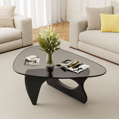 Modern Triangle Glass Coffee Table With Tempered Glass Top And Solid Wood Base, Mid-Century Living Room Center Table, Small Space Coffee Table