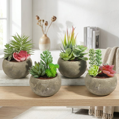 Plantes succulentes artificielles, ensemble de 4 mini-plantes succulentes en pot assorties décoratives pour le bureau à domicile