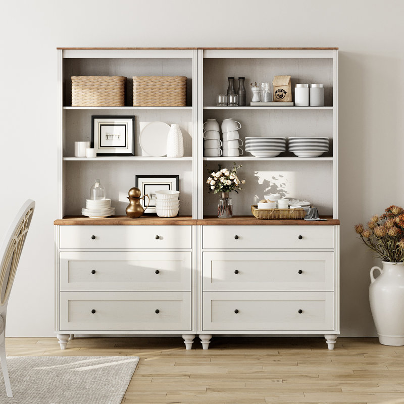 Garde-manger de style Mid-Century avec 6 tiroirs, armoire de rangement de style campagnard avec tablettes réglables pour la cuisine, le salon, la chambre à coucher, blanc