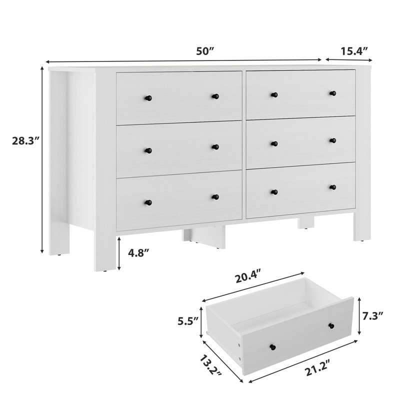  Modern 6 Drawer Dresser, 50" Wide Double Chest with Deep Drawers & Metal Knobs, Wooden Storage Organizer for Kids Bedroom, Entryway, Hallway