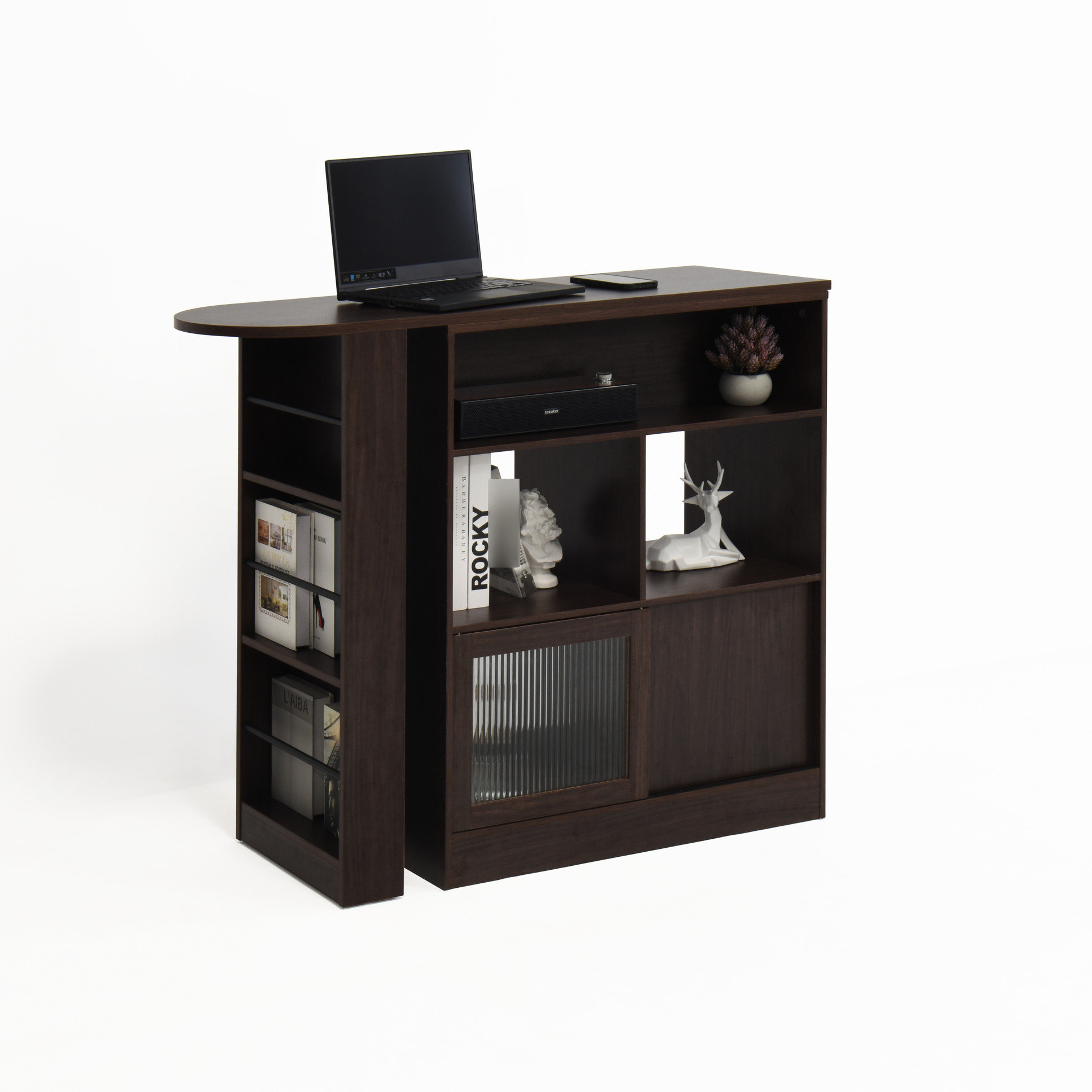 George Oliver Modern Rotating Top Bar Cabinet In Walnut, With 6 Storage ...
