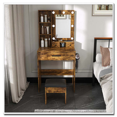 Compact Vanity Table with Adjustable LED Lights, Power Outlet, Hairdryer Holder and Stool