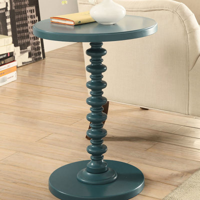 Table d'appoint ronde en bois bleu sarcelle, support à piédestal simple, design classique, salle à manger ou salon, espaces restreints, articles décoratifs sur pied en bois, salle à manger élégante, espace, petites pièces, décoration