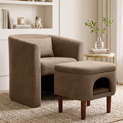 Upholstered Barrel Accent Chair With Storage Ottoman Built-In Pet Nook