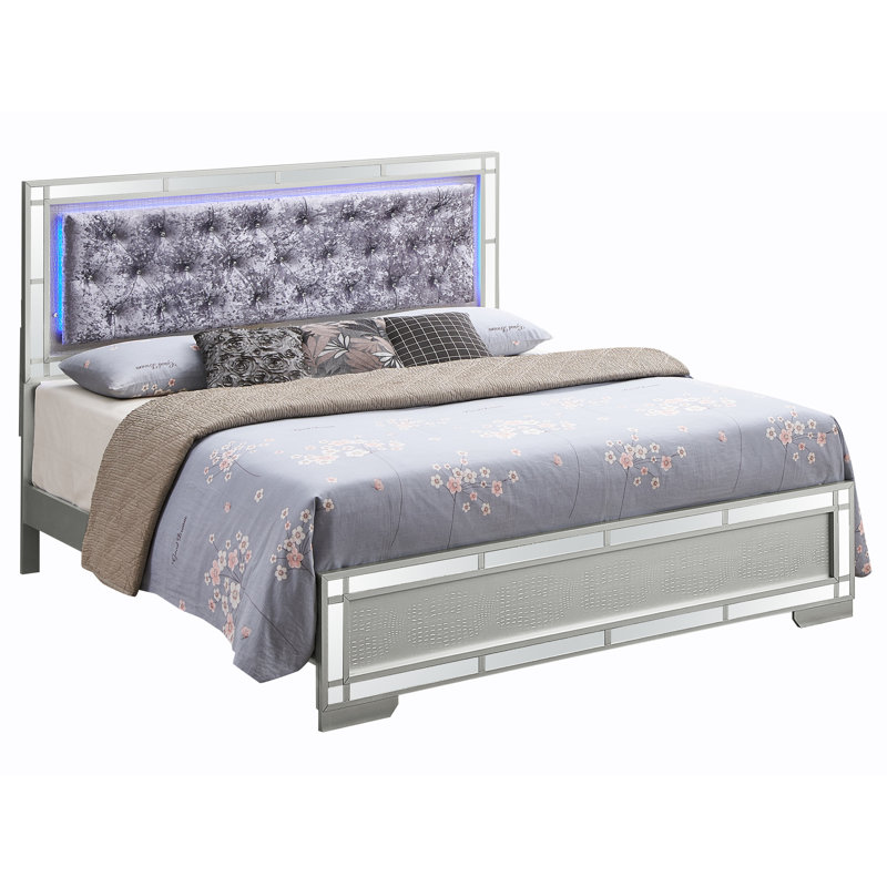 Silver Champagne Queen Velvet Upholstered Bed with Tufted Headboard