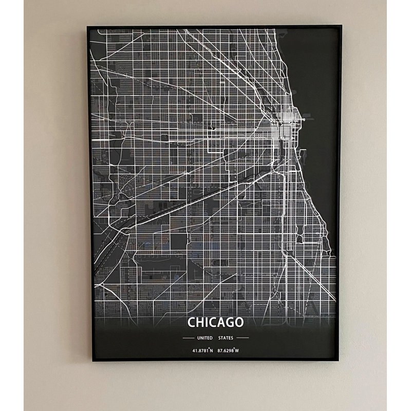 Chicago Map - impression sur cadre photo, Noir