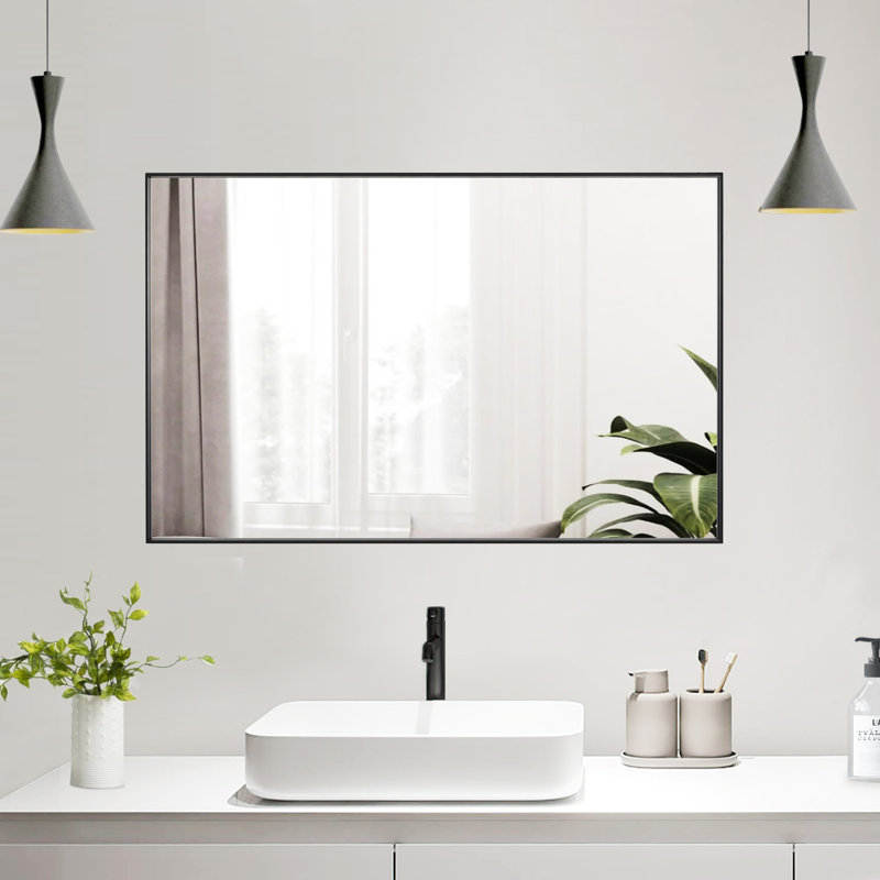 Modern & Contemporary Rectangle Bathroom Vanity Mirror Metal Framed Wall Mirror, Black, 36" x 24"