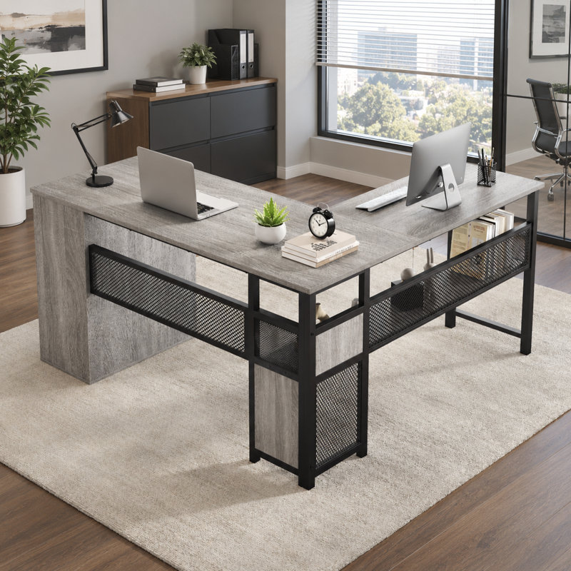 Bureau d'angle réversible de 150 cm (59,1 po) avec tiroir à dossiers suspendus et tablettes de rangement, Grey