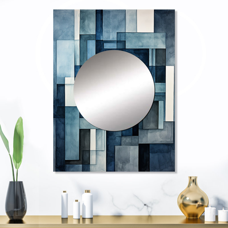Indigo Illusion Abstract Shapes II - Abstract Shapes Mirror, Modern Unique Wall Mirror, Printed Metal Art, 32" x 24"