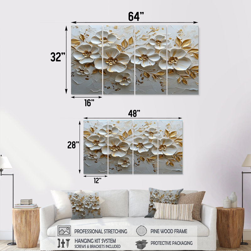 «White and Gold Blooming Lilac Harmony - Lilacs», ensemble d'art sur toile, H 32 po x l 64 po