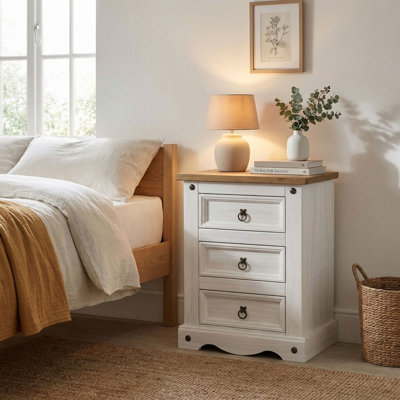 Mauldin 3 Drawer Bedside Table, Solid Pine Corona design
