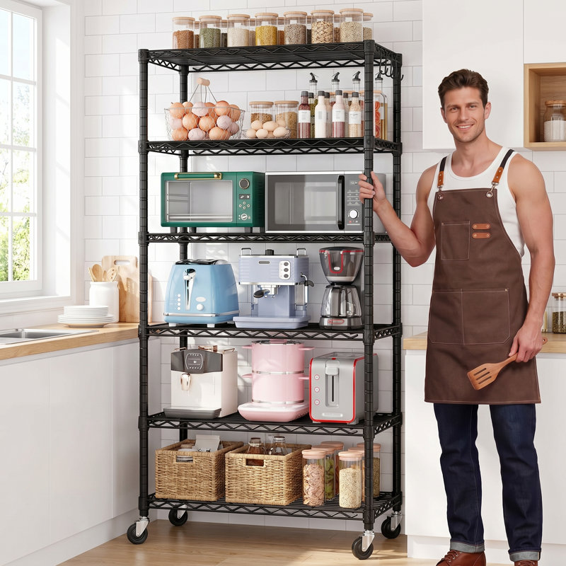  Étagère grillagée robuste à 5 niveaux certifiée NSF - l 24 po x P 18 po x H 72 po réglable à 3 segments avec roues et crochets verrouillables, support de rangement en métal noir pour la cuisine, le garage et le garde-manger