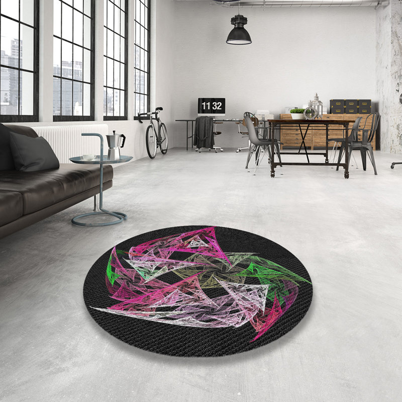 Tapis noir/vert/rose tissé à la machine, Rond 7 pi