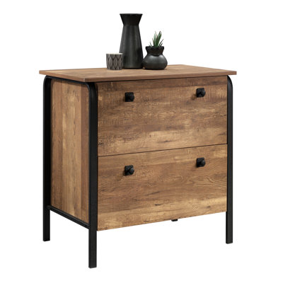 Classeur latéral avec finition, courbes douces au design audacieux, tiroirs pleine extension lisses pour dossiers de format lettre et légal dans un décor de bureau à domicile, cadre en métal à finition texturée brune, verrouillage, espace compact