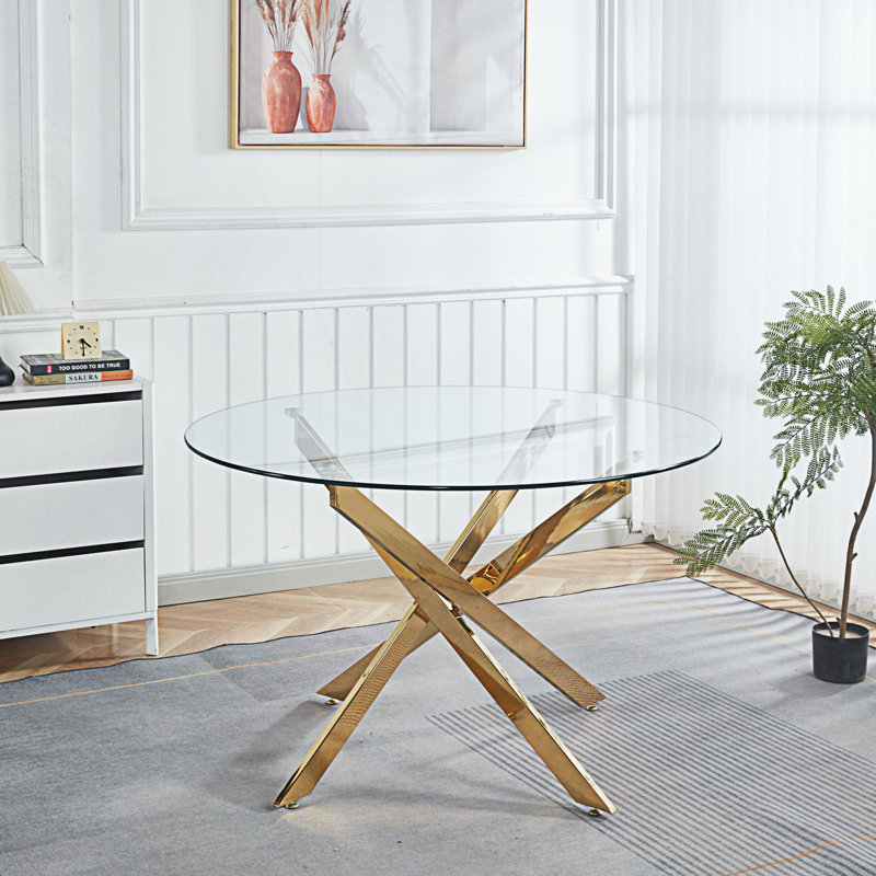 Round Dining Table With Cross Metal Leg And Glass Top, Gold