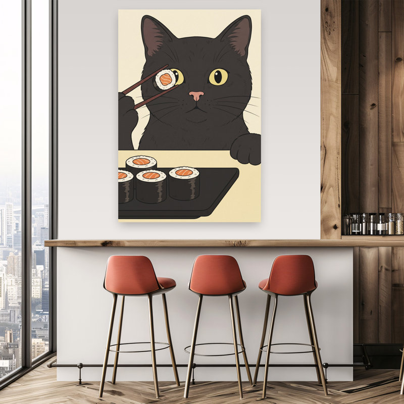 Drôle de chat à sushi, art mural contemporain, 60" H x 40" W